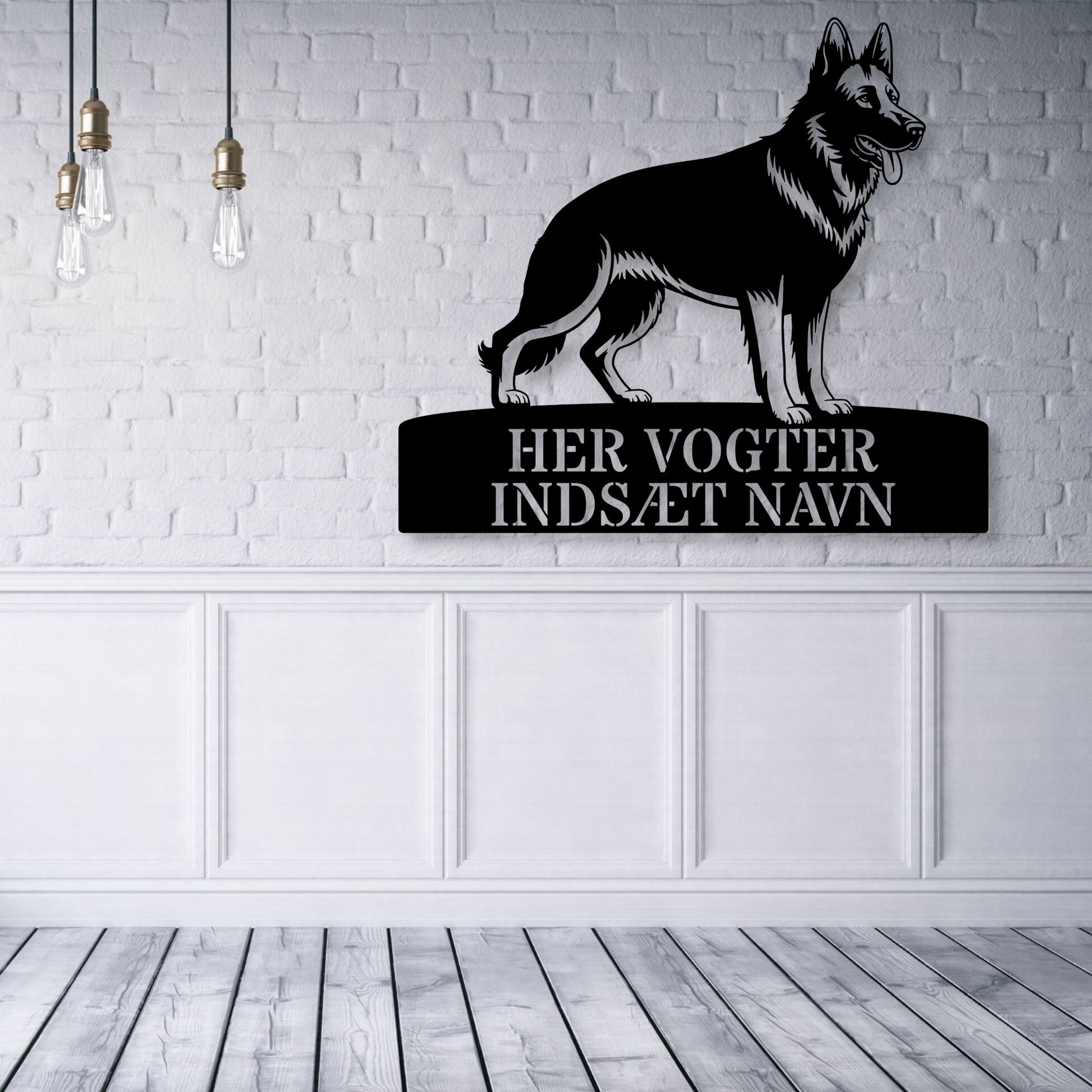 Her vogter jeg. Stort schæferhund metalskilt med personlig navn. Unik hundeejer gaveide...