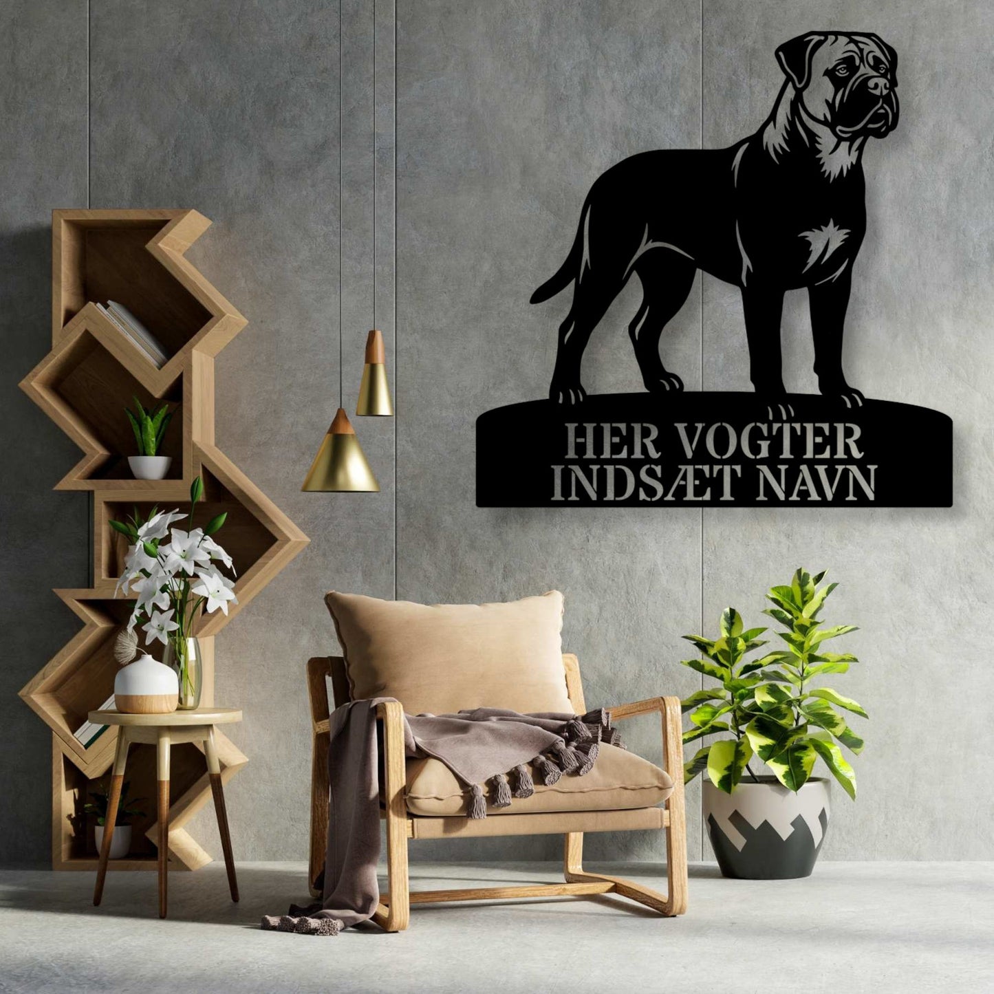 Her vogter jeg. mørk Bullmastiff metal navneskilt...