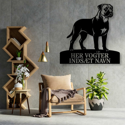 Her vogter jeg. mørk Bullmastiff metal navneskilt...