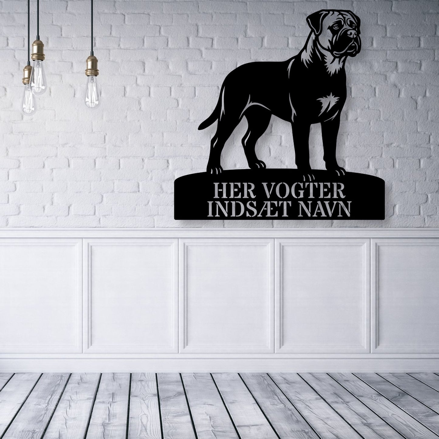 Her vogter jeg. mørk Bullmastiff metal navneskilt..