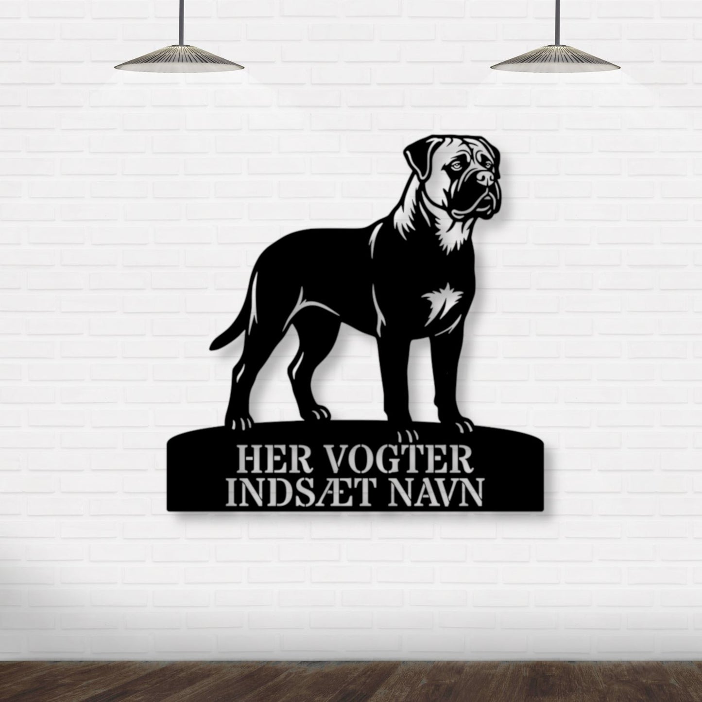 Her vogter jeg. mørk Bullmastiff metal navneskilt.