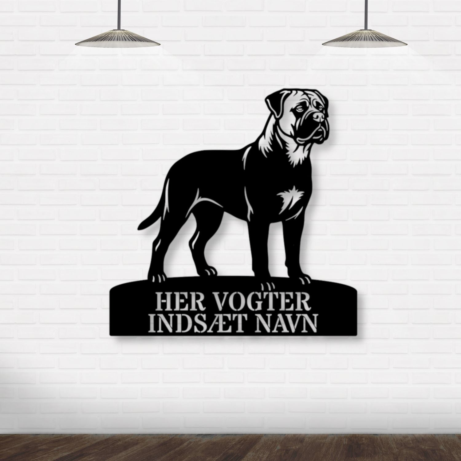 Her vogter jeg. mørk Bullmastiff metal navneskilt.