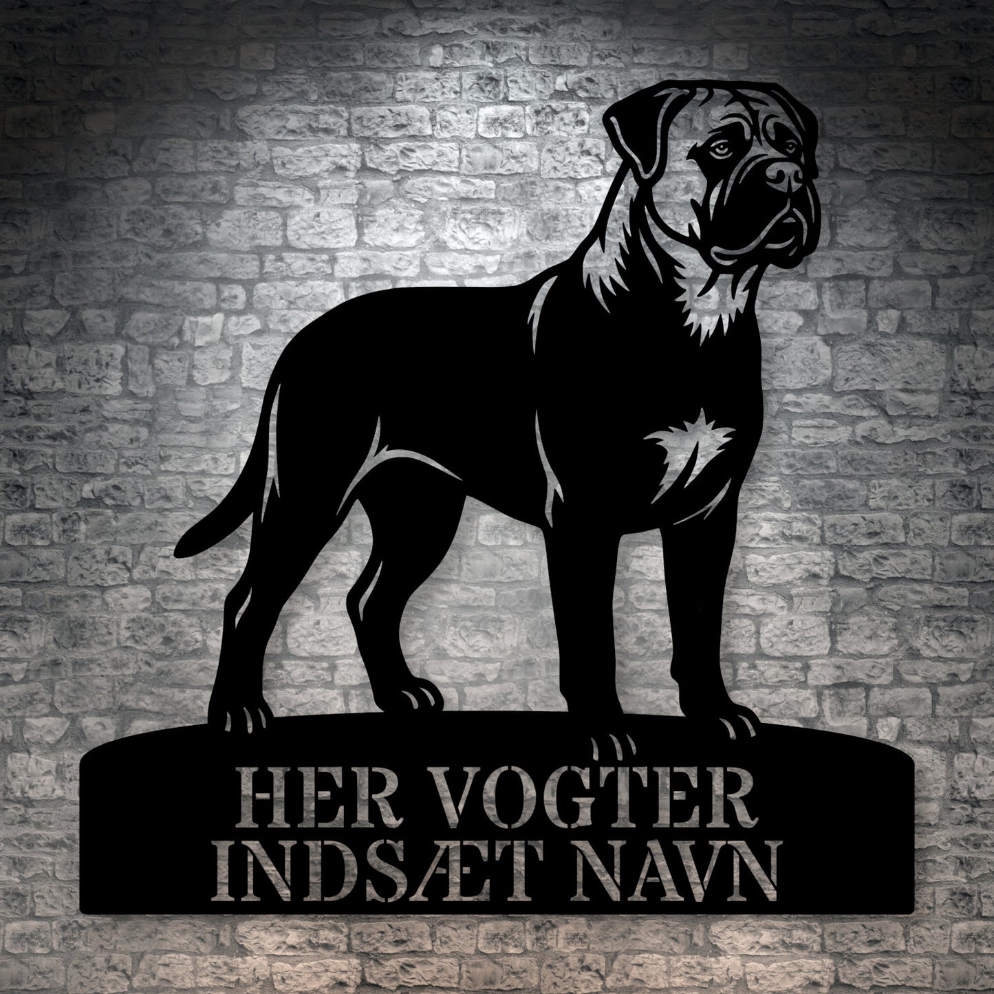 Her vogter jeg. mørk Bullmastiff metal navneskilt