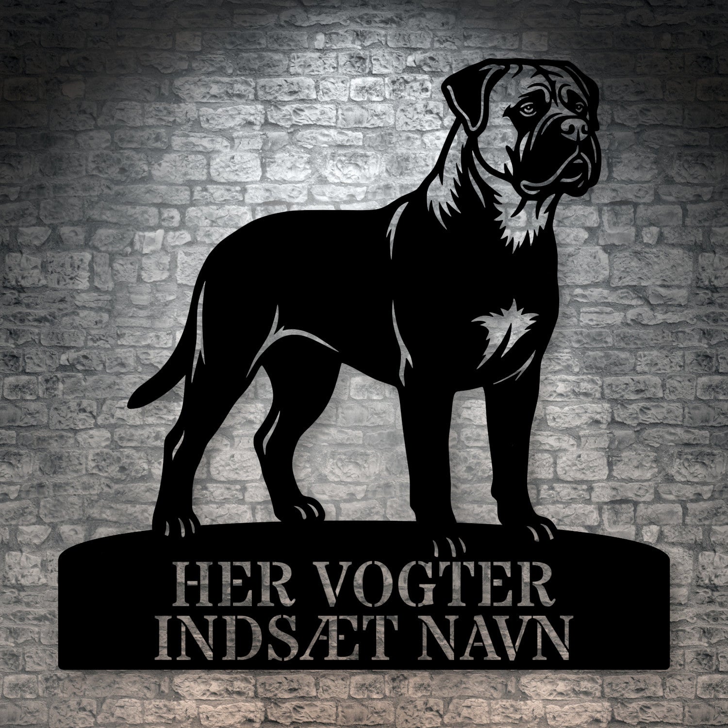 Her vogter jeg. mørk Bullmastiff metal navneskilt