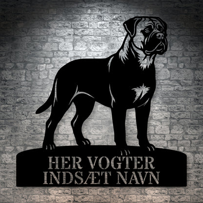 Her vogter jeg. mørk Bullmastiff metal navneskilt