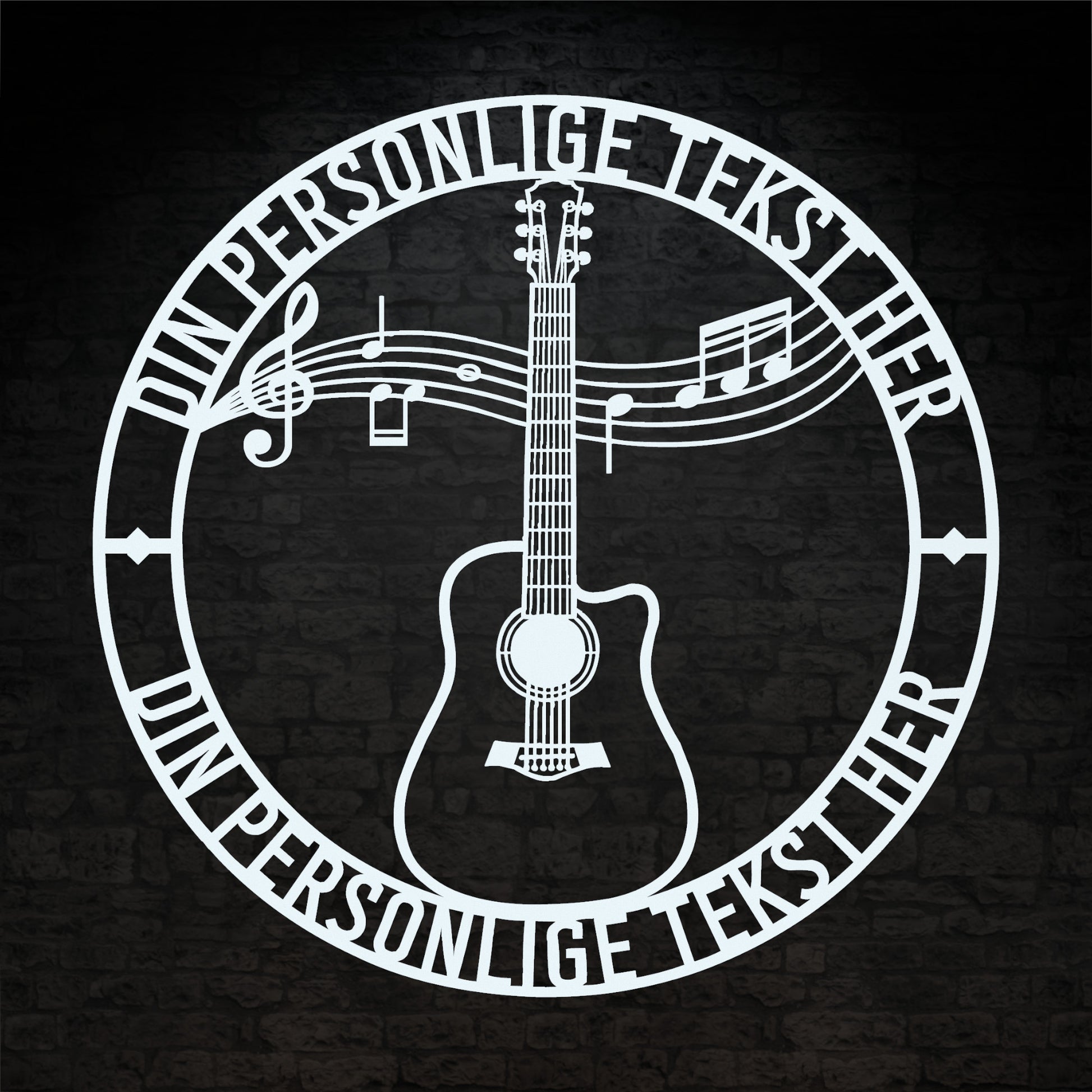 Hvid guitar metalskilt med personlig tekst. musiker navneskilt gaveidé