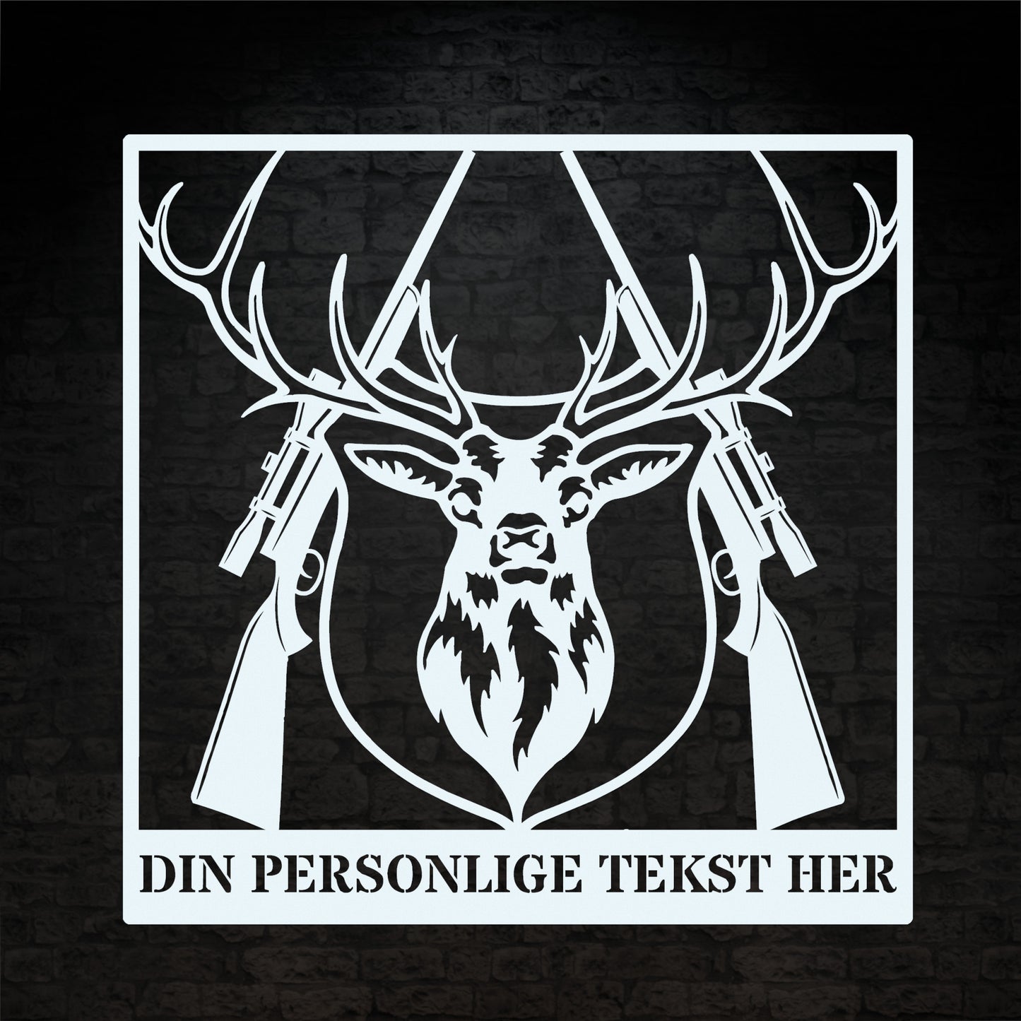 Hvid metalskilt med navn og personlig tekst til jægeren. Fås i flere farver og størrelser