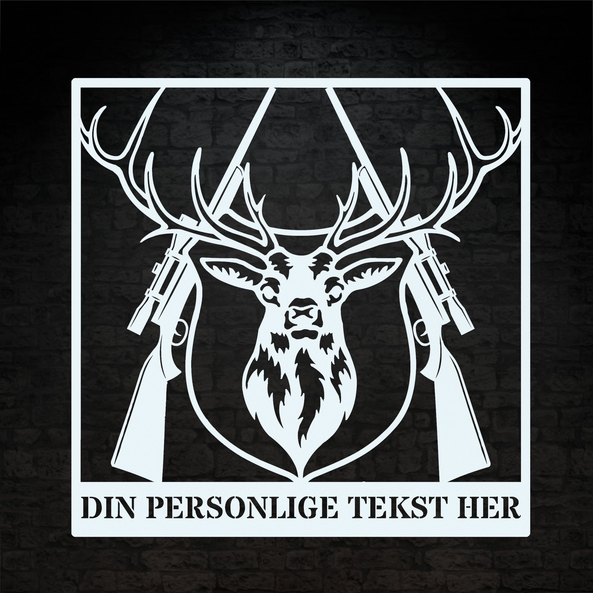 Hvid metalskilt med navn og personlig tekst til jægeren. Fås i flere farver og størrelser