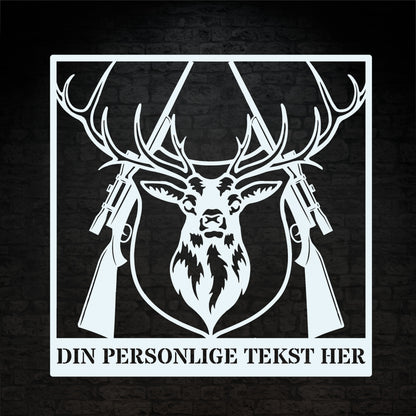 Hvid metalskilt med navn og personlig tekst til jægeren. Fås i flere farver og størrelser