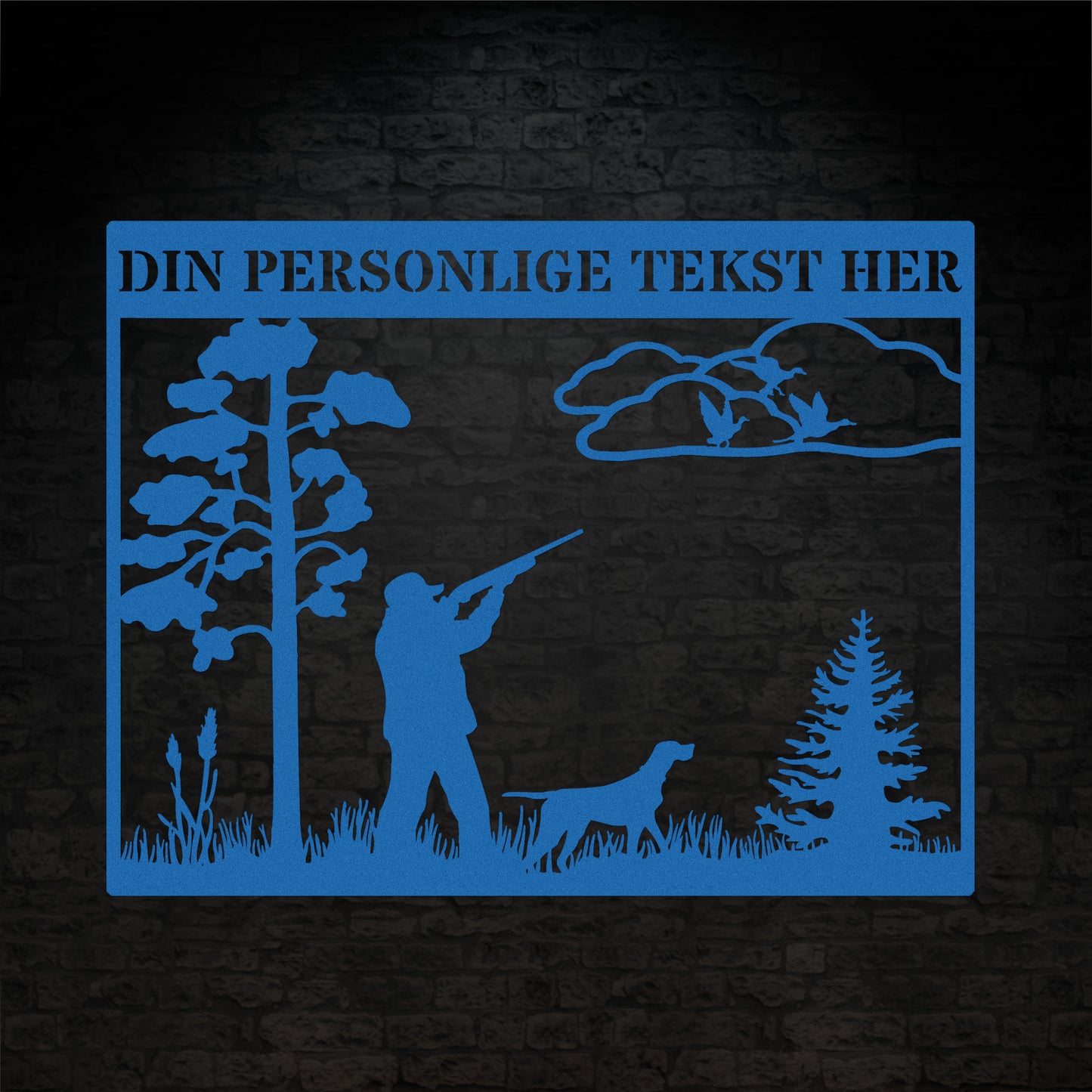 Jæger og jagthund b metalskilt med personlig navn og tekstå