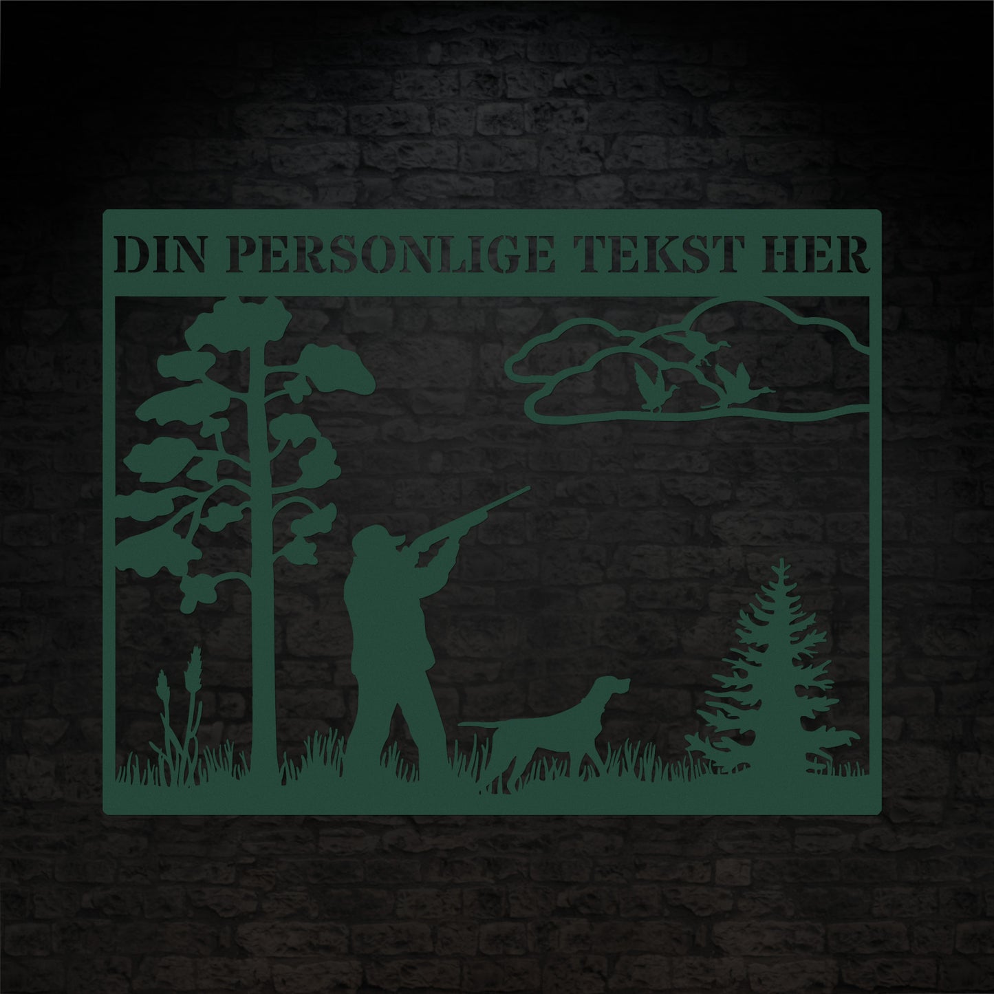 Jæger og jagthund grøn metalskilt med personlig navn og tekst
