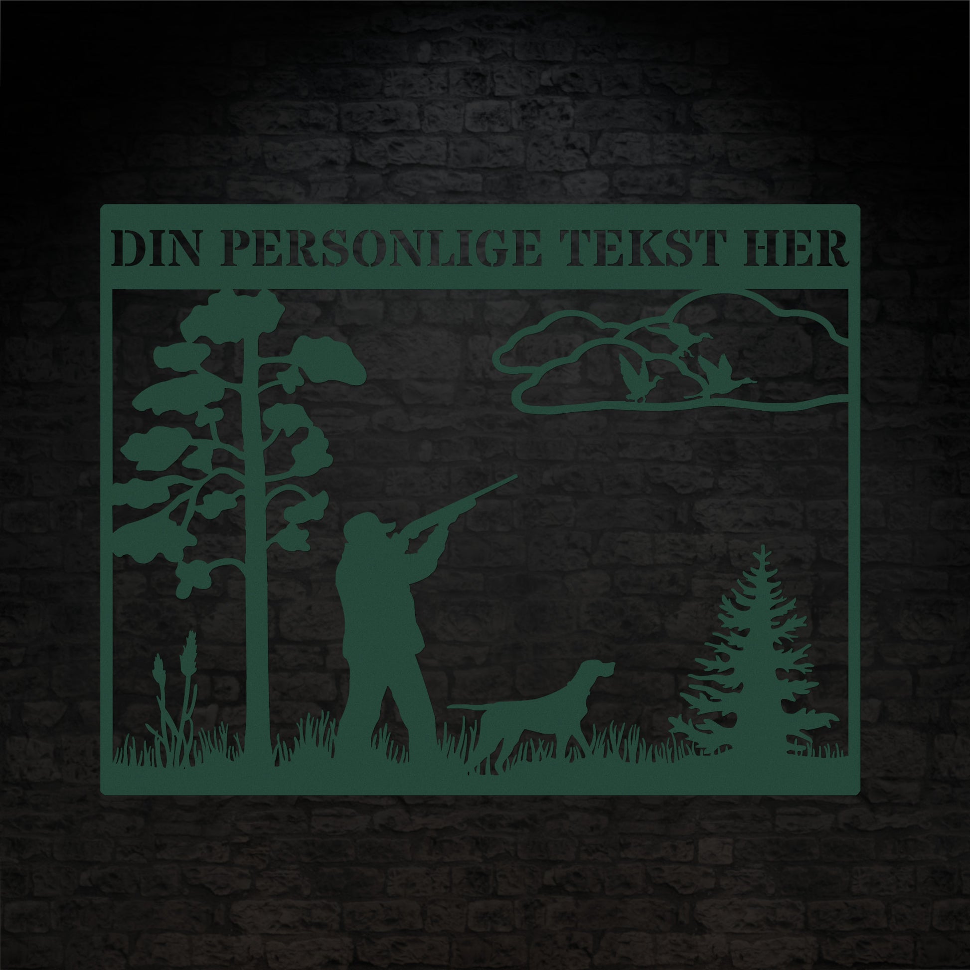 Jæger og jagthund grøn metalskilt med personlig navn og tekst