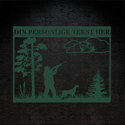 Jæger og jagthund grøn metalskilt med personlig navn og tekst
