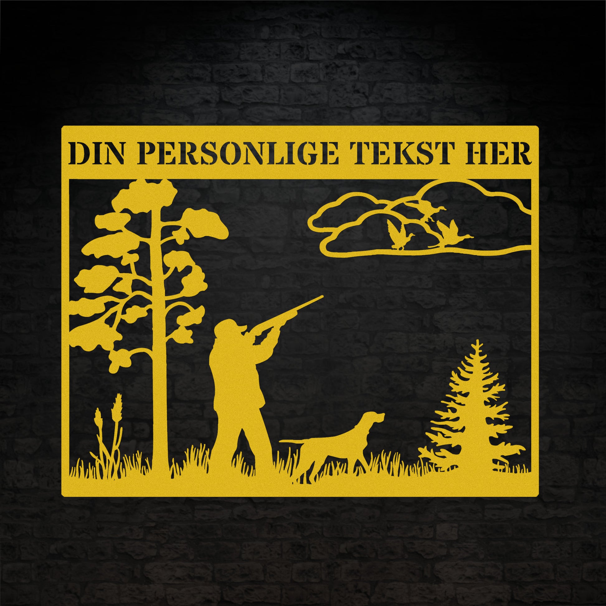 Jæger og jagthund gul metalskilt med personlig navn og tekst