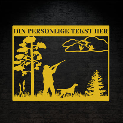 Jæger og jagthund gul metalskilt med personlig navn og tekst