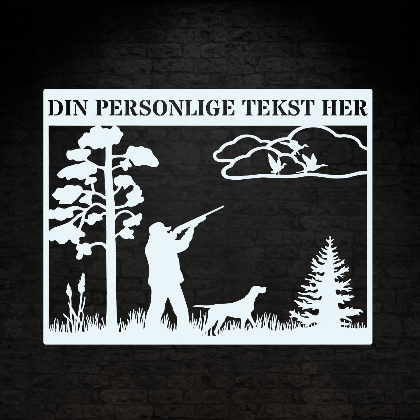 Jæger og jagthund hvid metalskilt med personlig navn og tekst