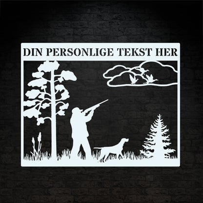 Jæger og jagthund hvid metalskilt med personlig navn og tekst