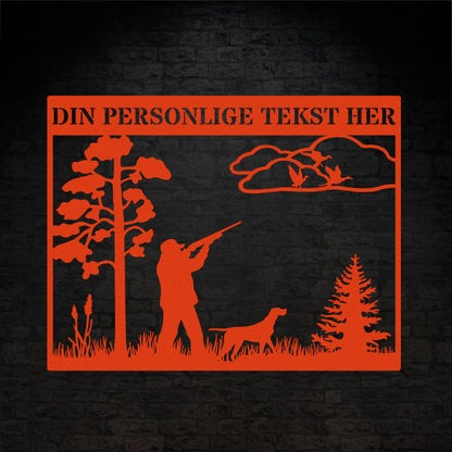 Jæger og jagthund orange metalskilt med personlig navn og tekst