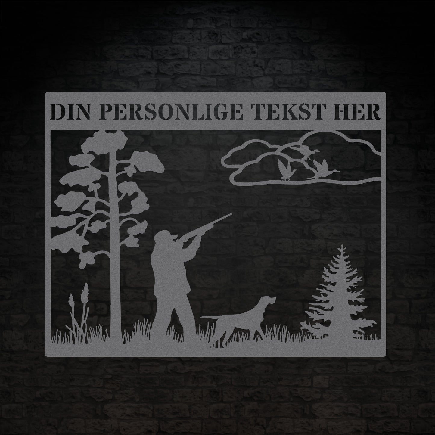 Jæger og jagthund sølvfarvet metalskilt med personlig navn og tekst