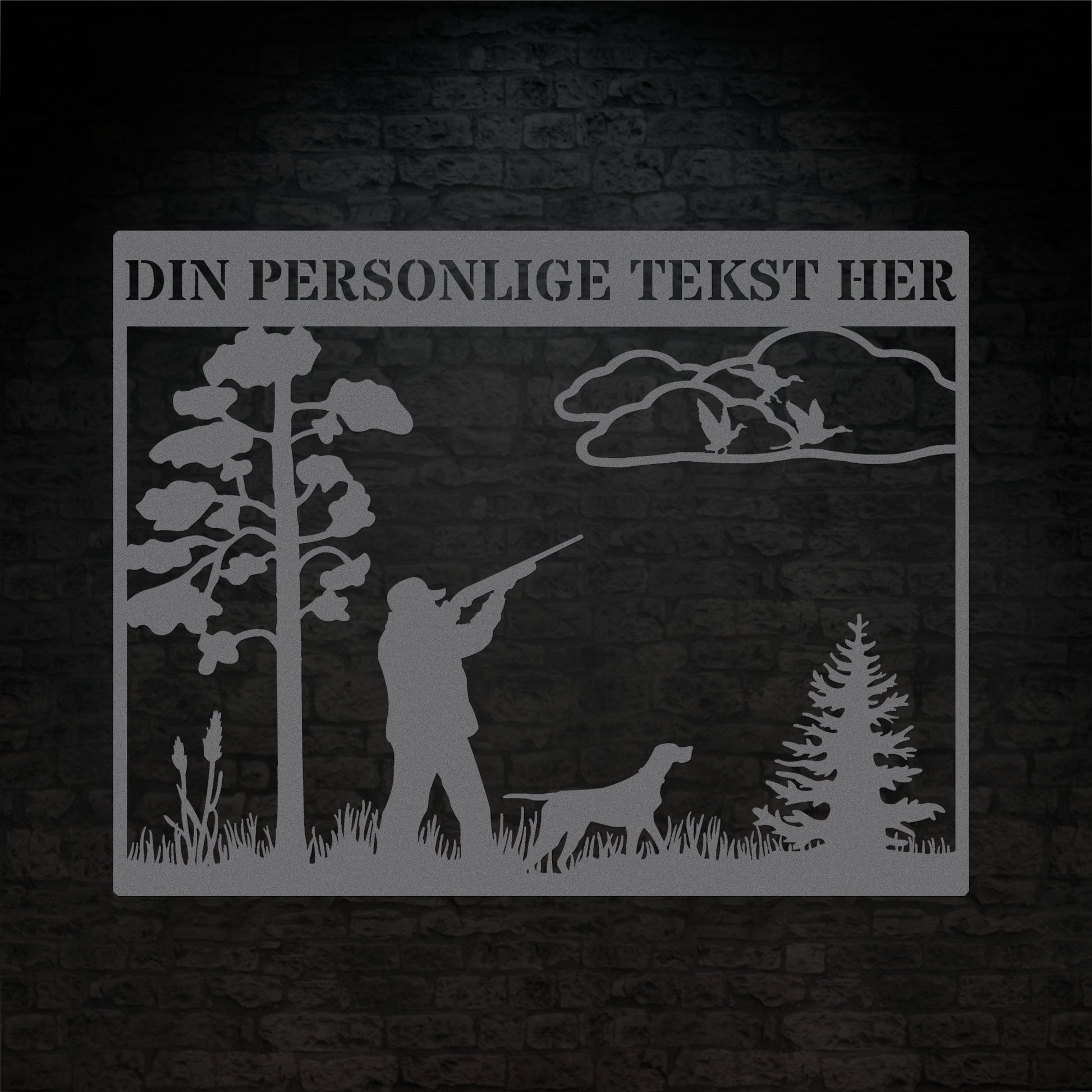 Jæger og jagthund sølvfarvet metalskilt med personlig navn og tekst