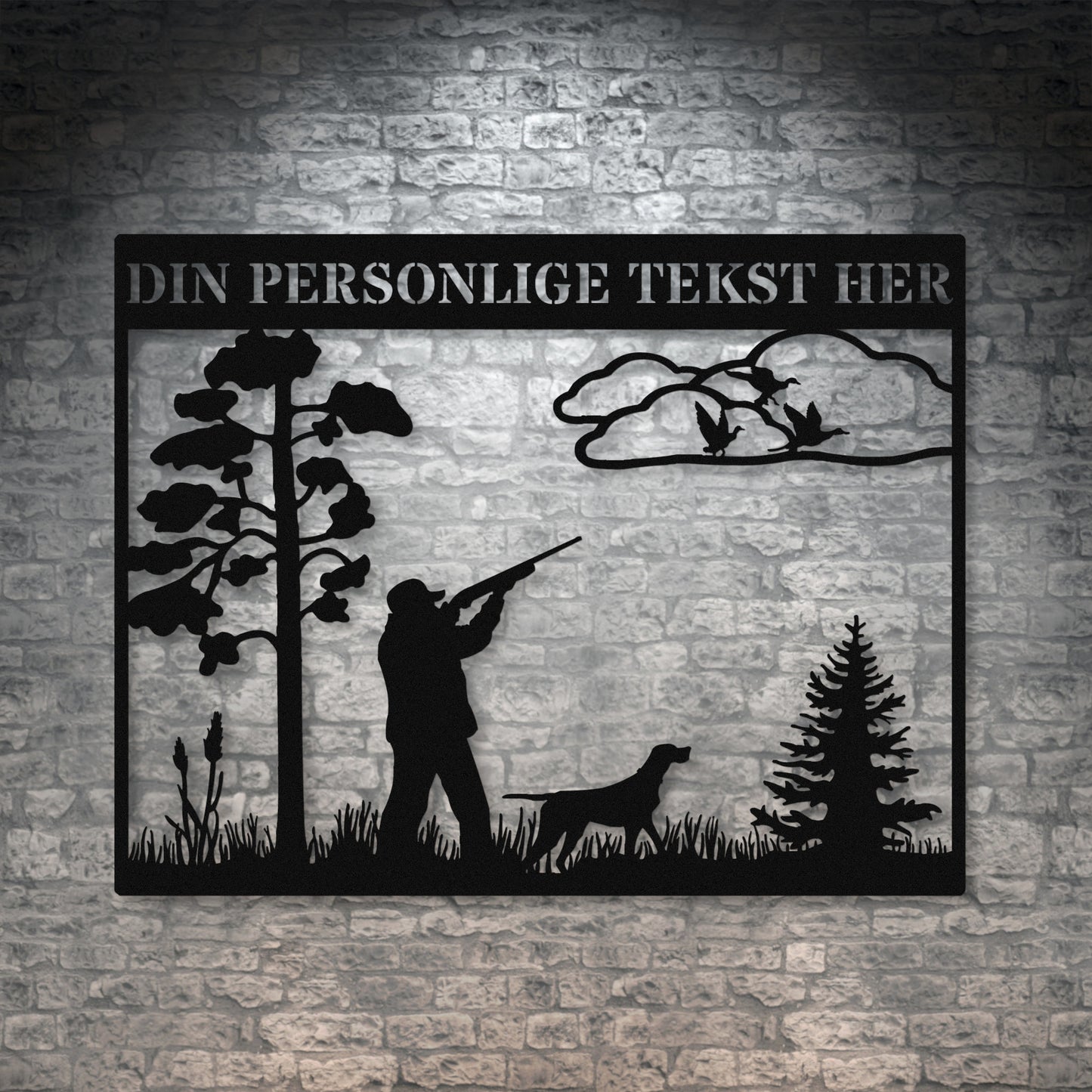 Jæger og jagthund sort metalskilt med personlig navn og tekst
