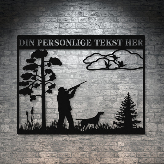 Jæger og jagthund sort metalskilt med personlig navn og tekst