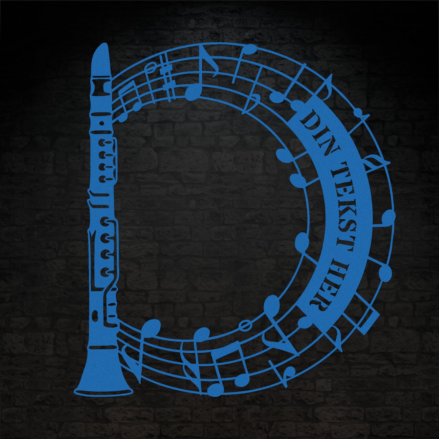 Klarinet instrument vægskilt i blå med personlig tekst. Unik gaveidé til muikeren