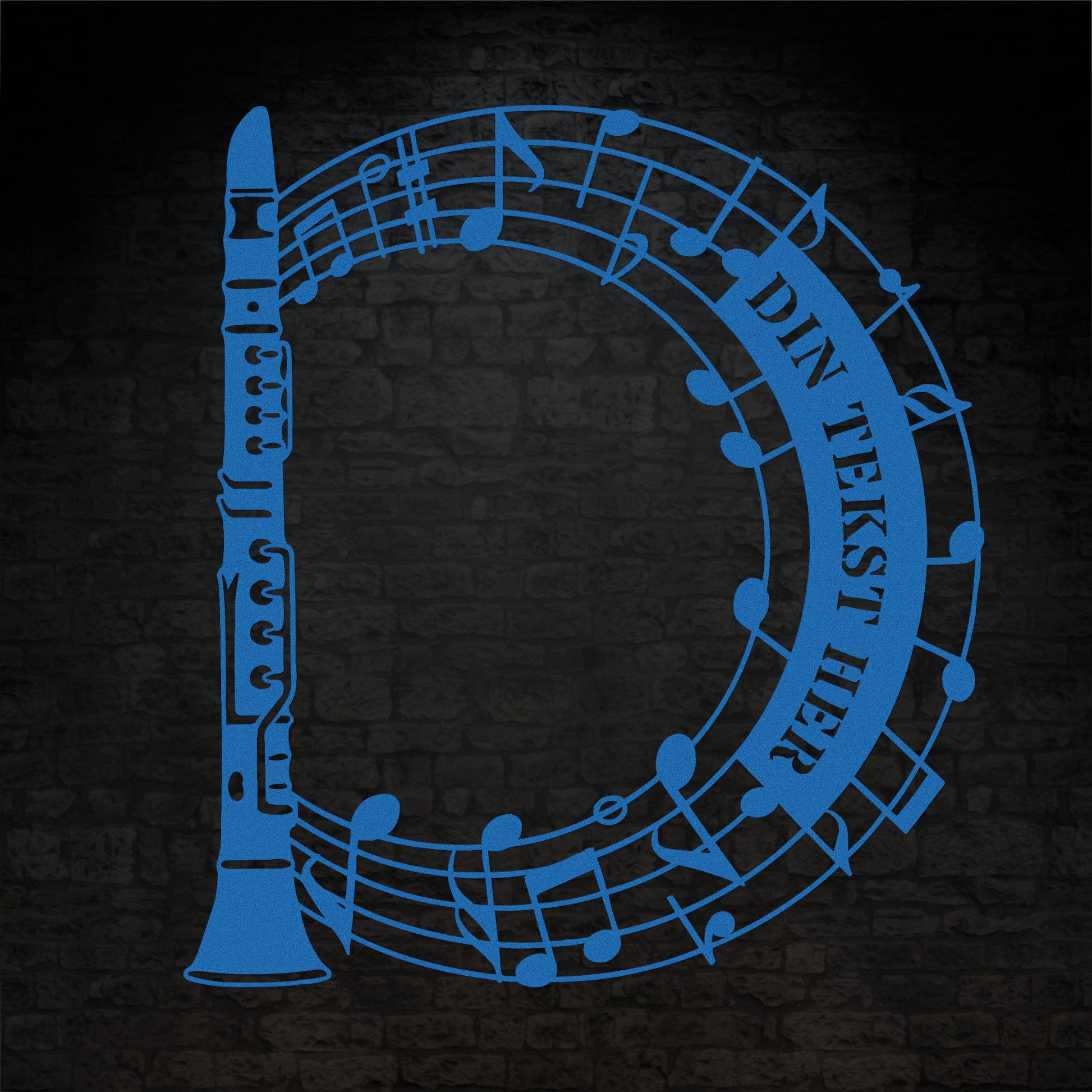 Klarinet instrument vægskilt i blå med personlig tekst. Unik gaveidé til muikeren