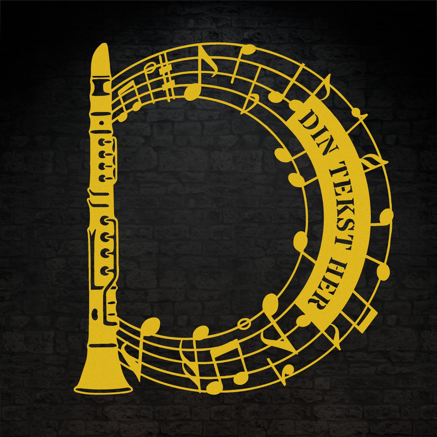 Klarinet instrument vægskilt i gul med personlig tekst. Unik gaveidé til muikeren