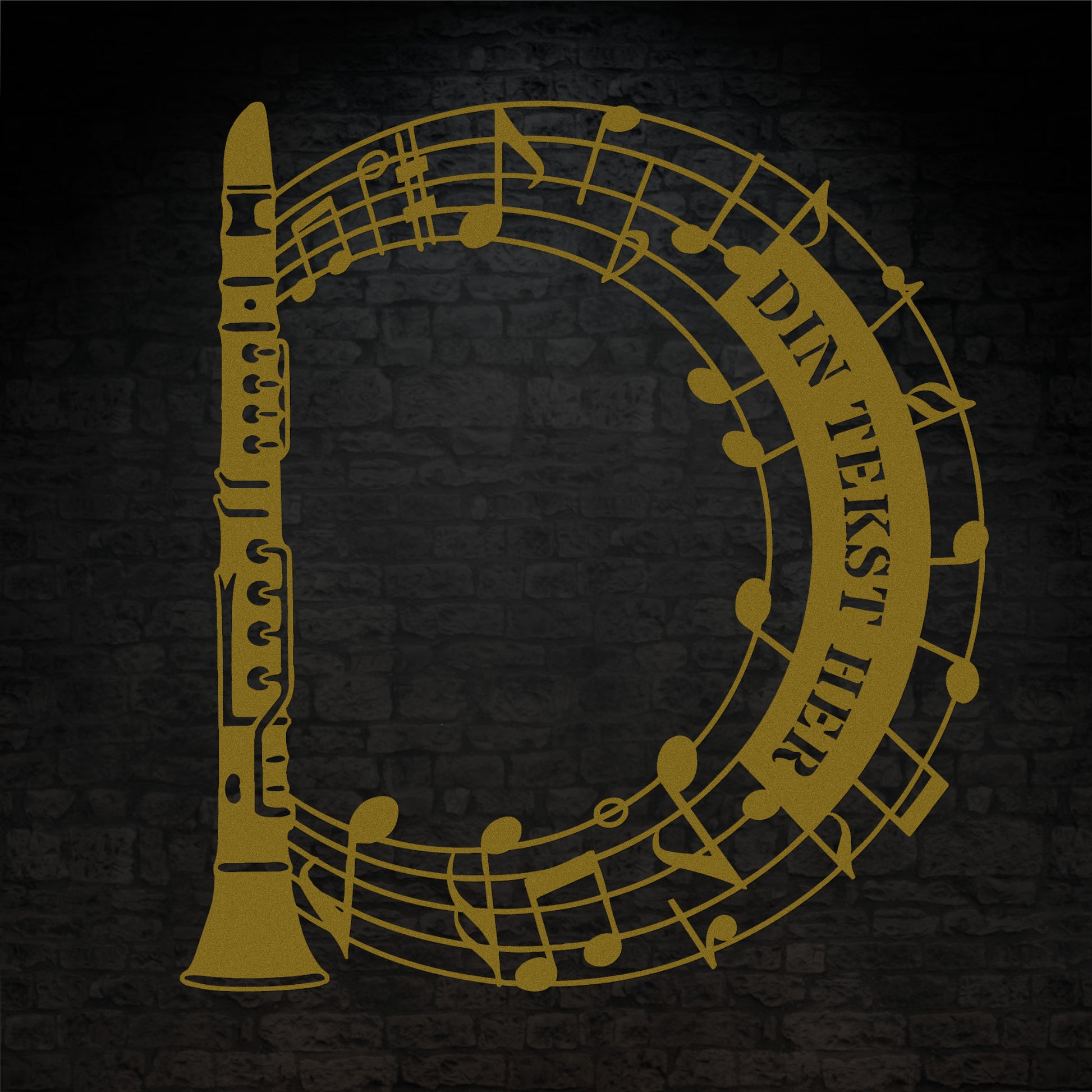 Klarinet instrument vægskilt i guld med personlig tekst. Unik gaveidé til muikeren