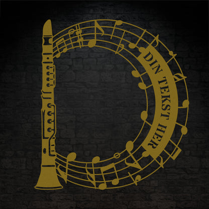 Klarinet instrument vægskilt i guld med personlig tekst. Unik gaveidé til muikeren