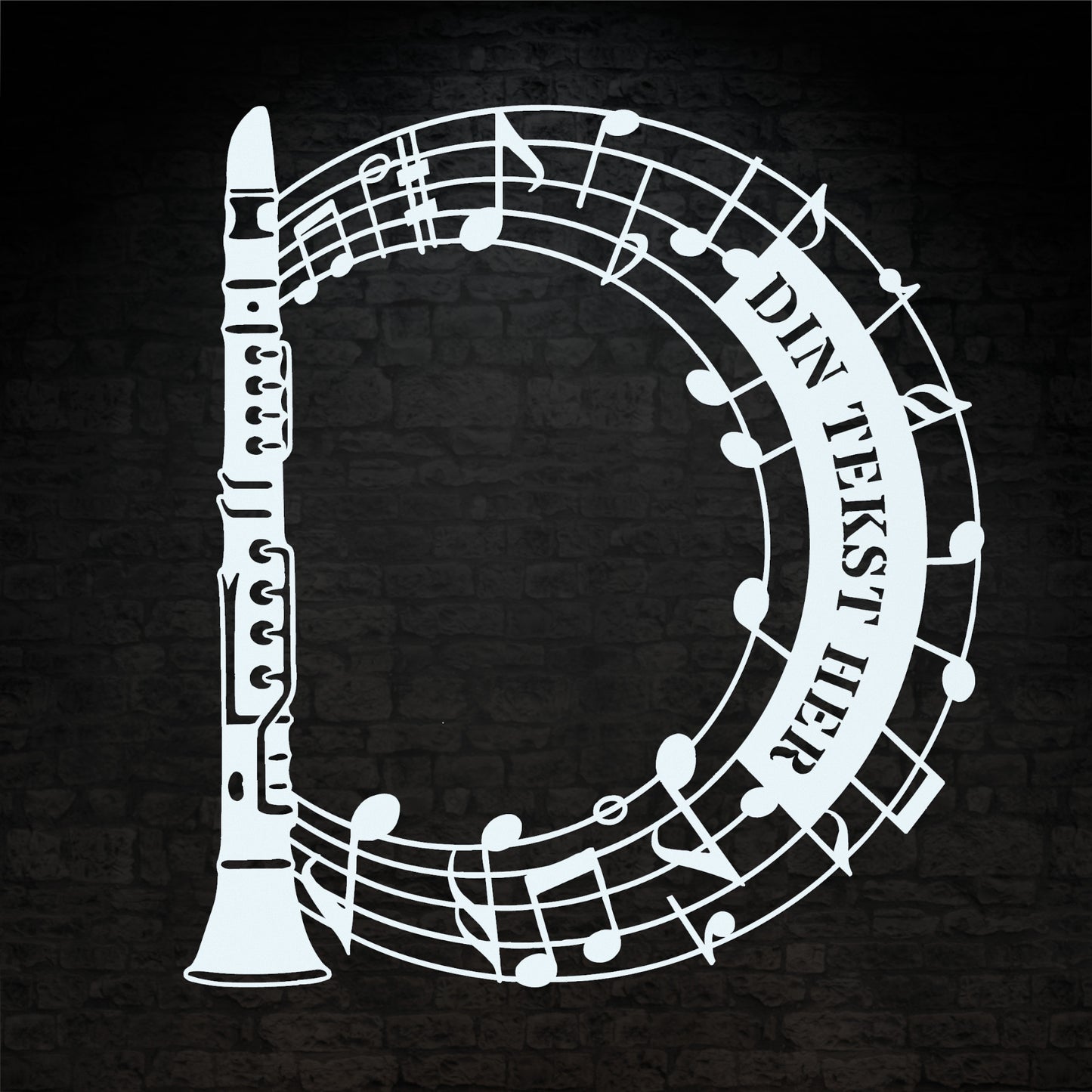 Klarinet instrument vægskilt i hvid med personlig tekst. Unik gaveidé til muikeren