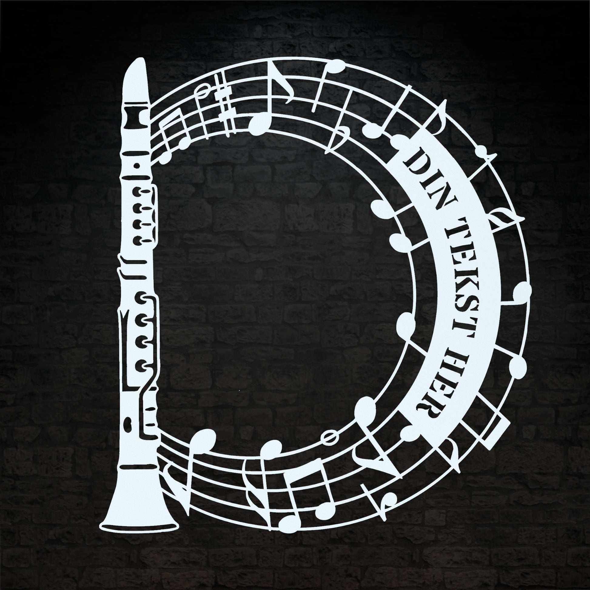 Klarinet instrument vægskilt i hvid med personlig tekst. Unik gaveidé til muikeren