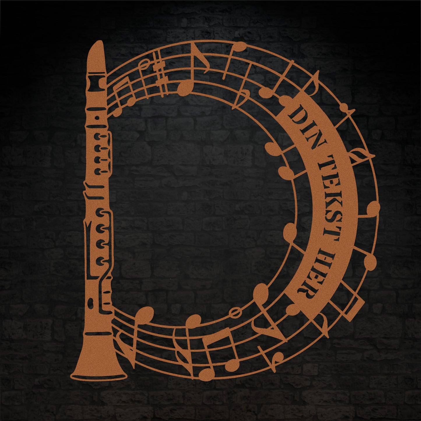 Klarinet instrument vægskilt i kobber med personlig tekst. Unik gaveidé til muikeren