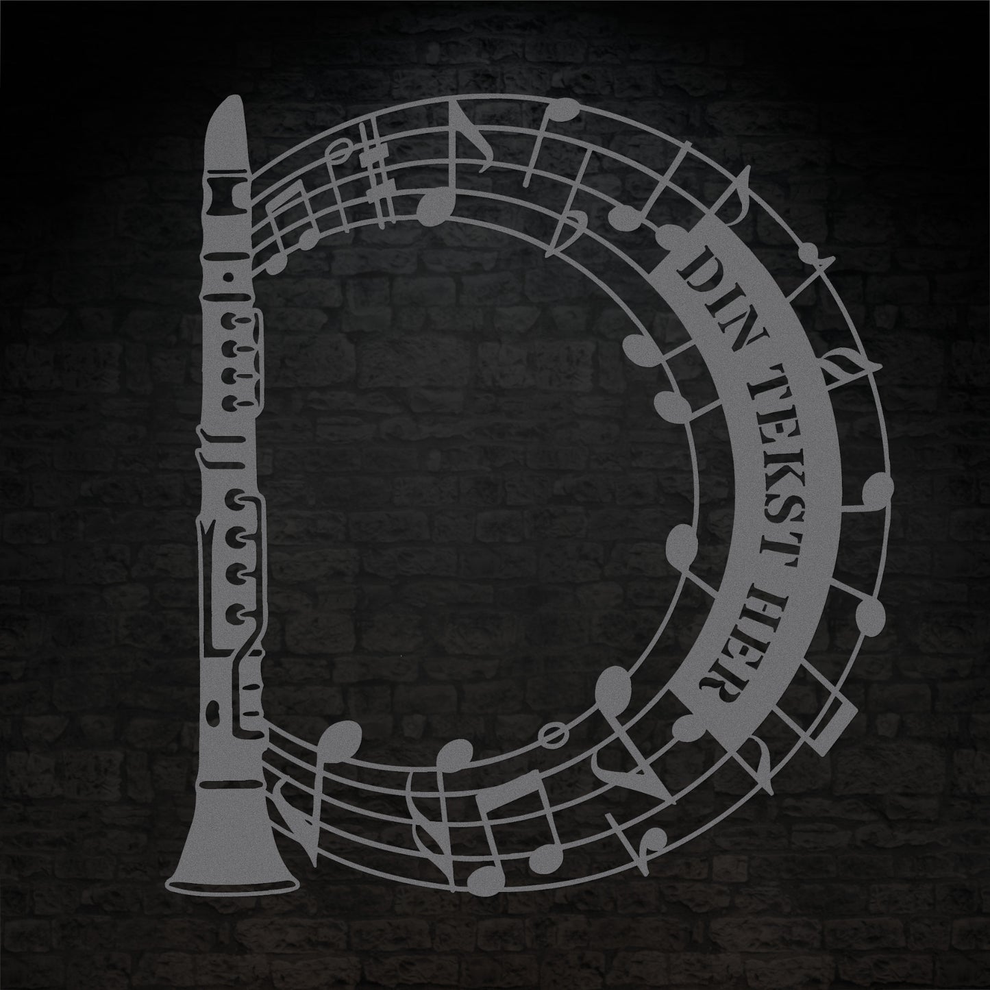 Klarinet instrument vægskilt i sølv med personlig tekst. Unik gaveidé til muikeren