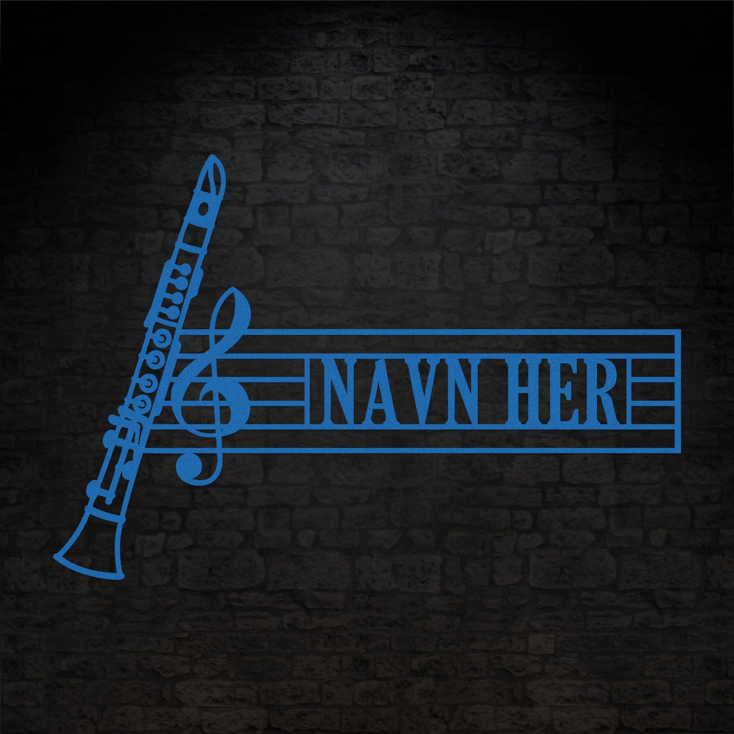 Klarinet navne vægskilt i blå med personlig tekst. Unik gaveidé til muikeren