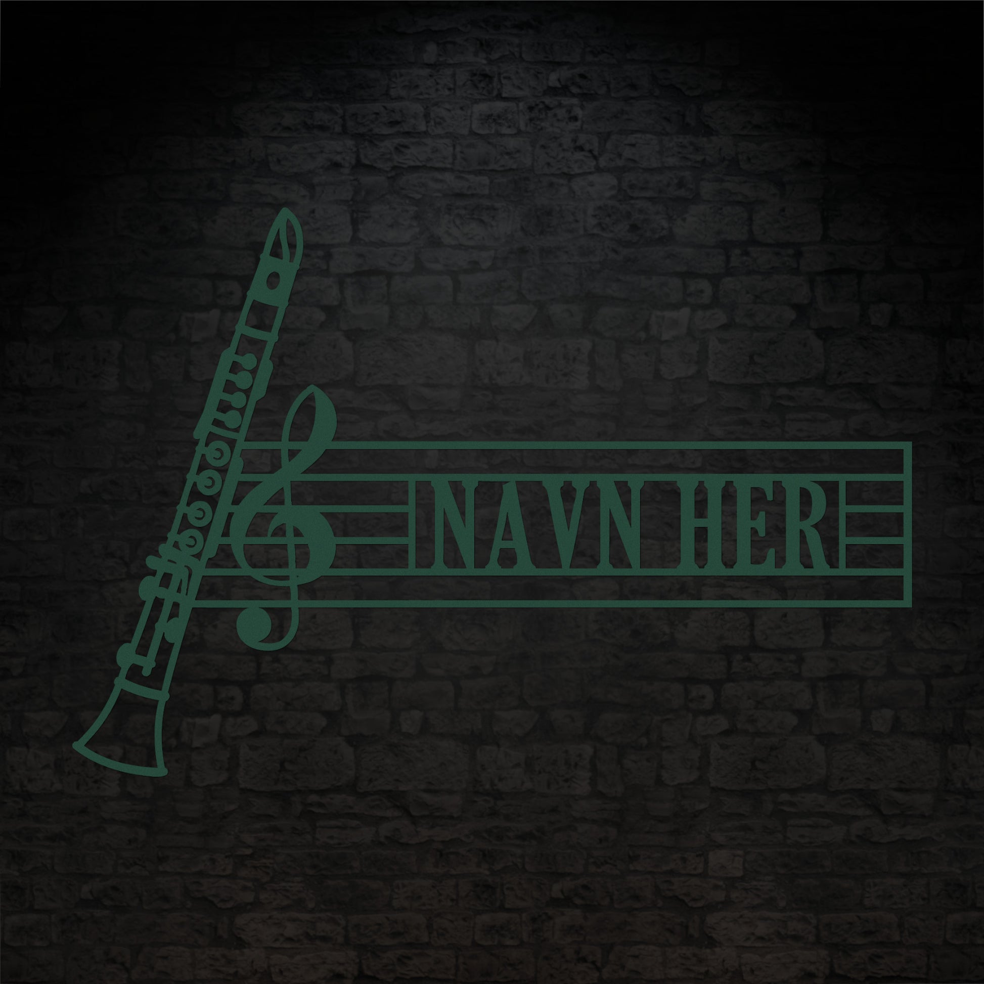 Klarinet navne vægskilt i grøn med personlig tekst. Unik gaveidé til muikeren