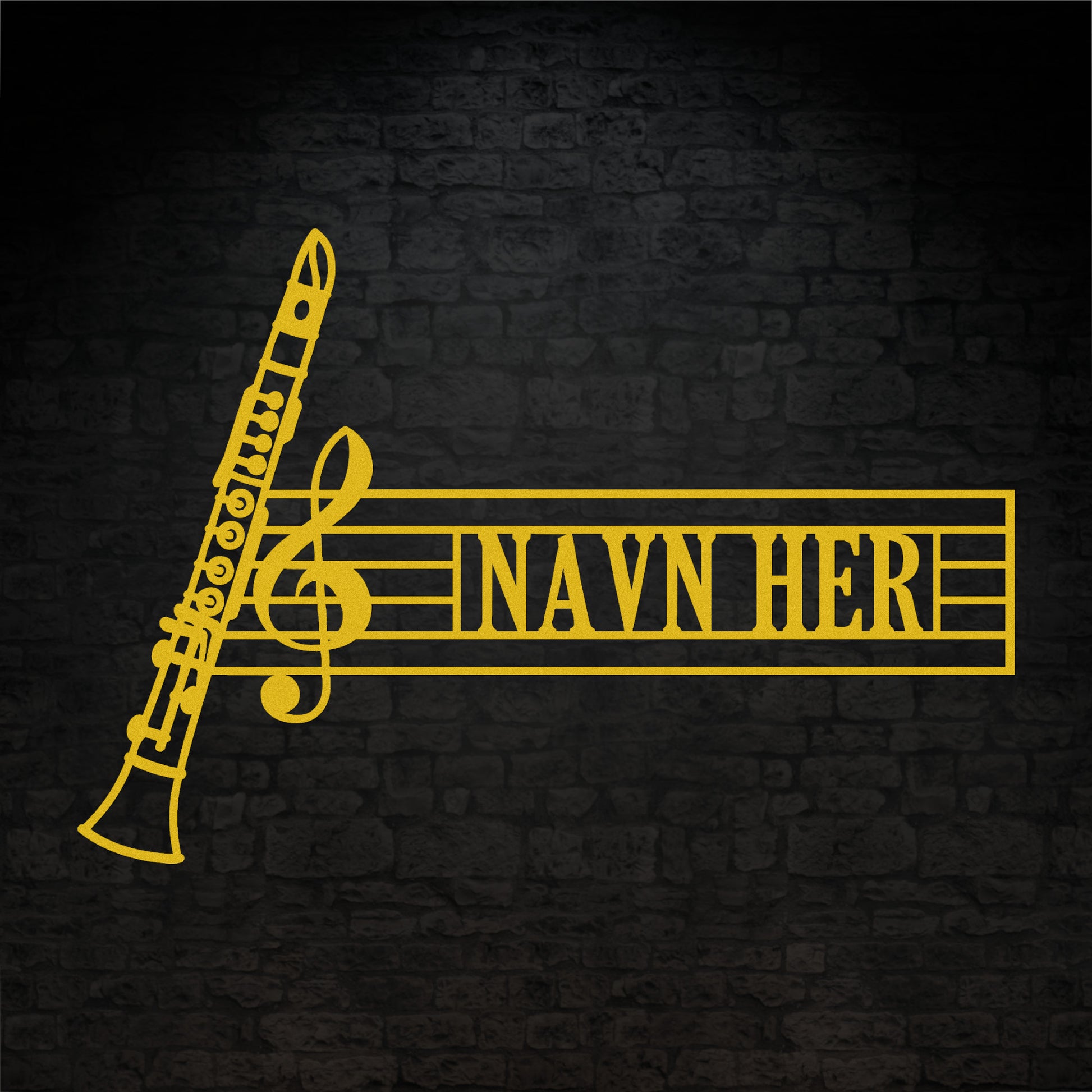 Klarinet navne vægskilt i gul med personlig tekst. Unik gaveidé til muikeren