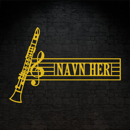 Klarinet navne vægskilt i gul med personlig tekst. Unik gaveidé til muikeren