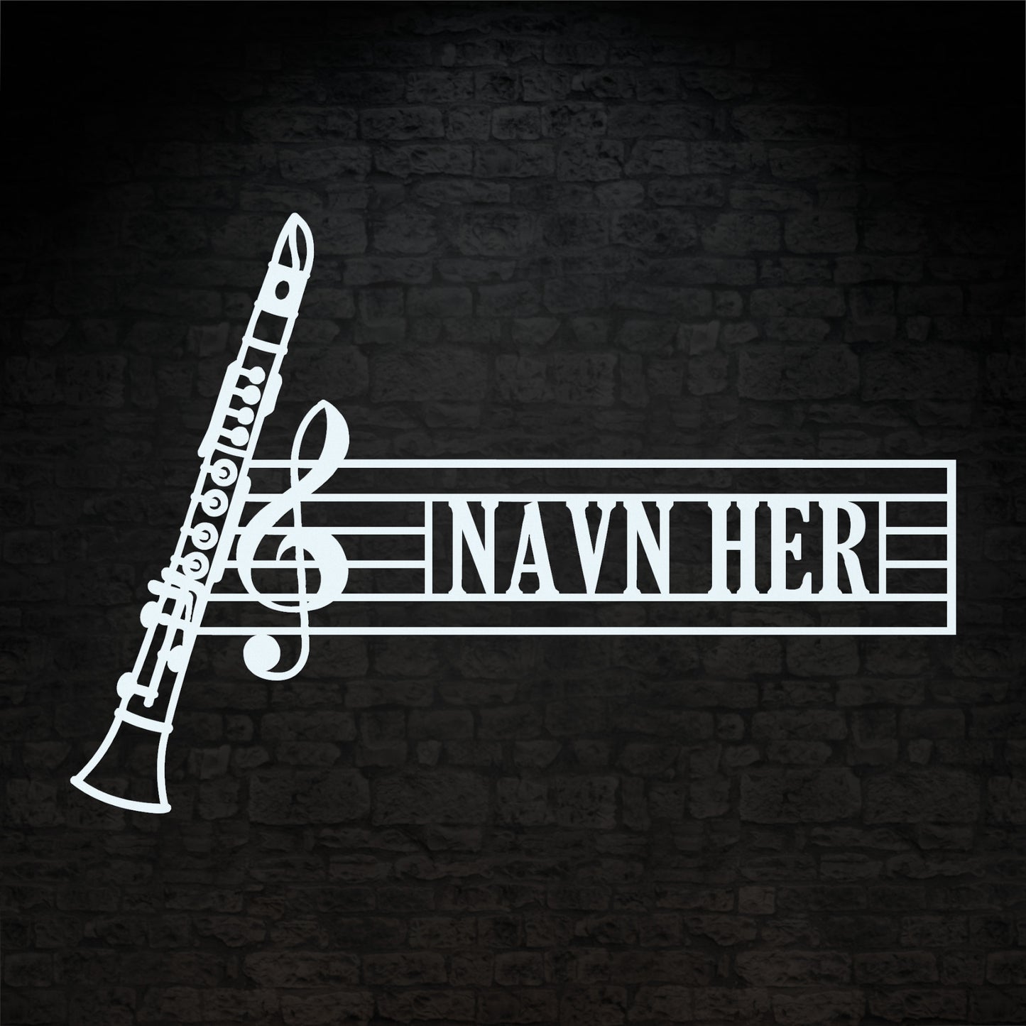 Klarinet navne vægskilt i hvid med personlig tekst. Unik gaveidé til muikeren