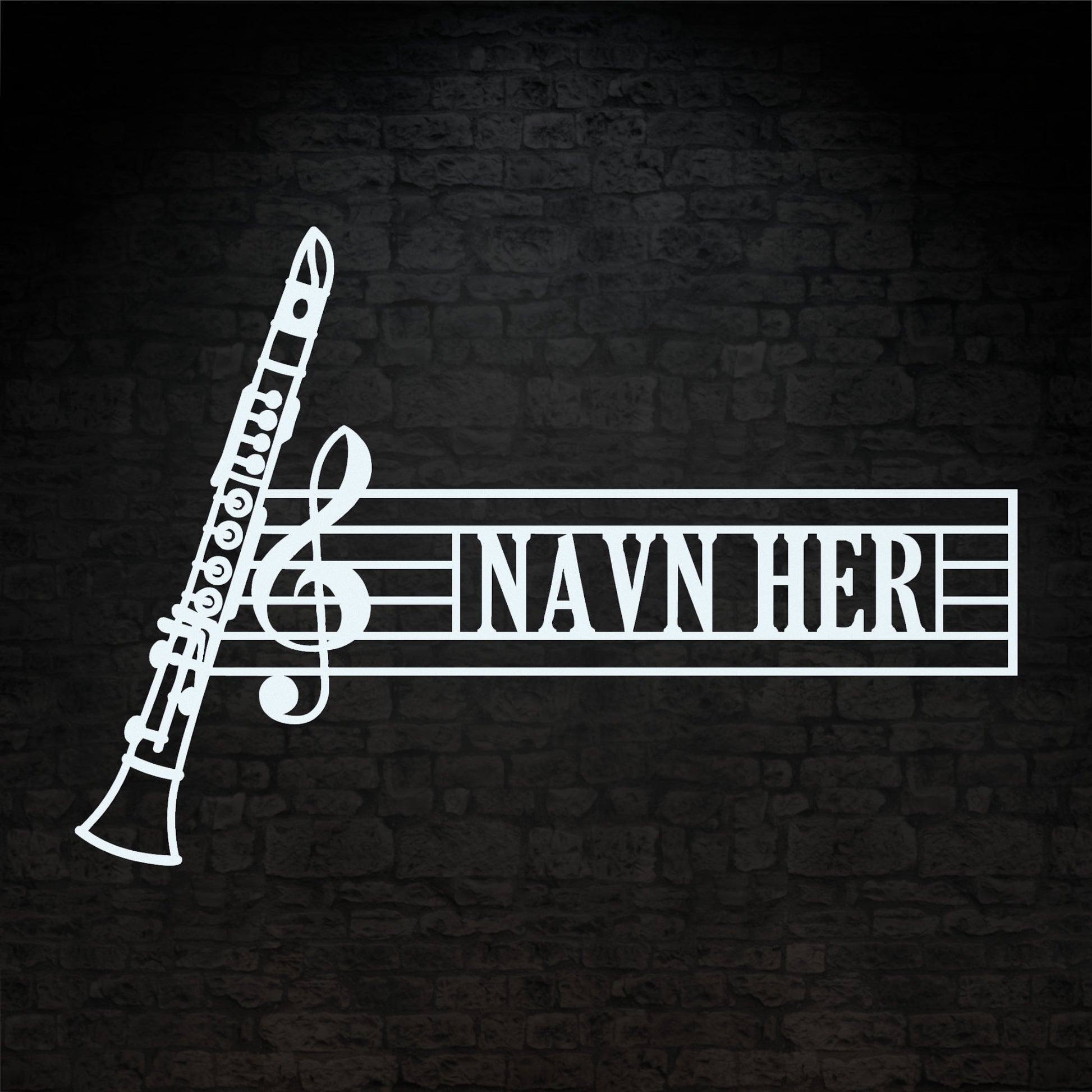 Klarinet navne vægskilt i hvid med personlig tekst. Unik gaveidé til muikeren