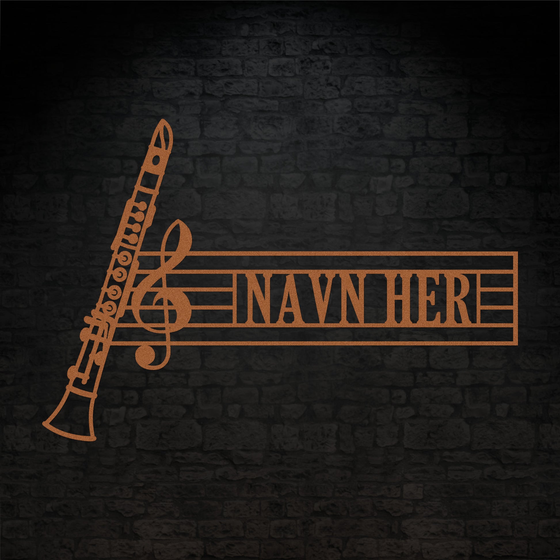 Klarinet navne vægskilt i kobber med personlig tekst. Unik gaveidé til muikeren