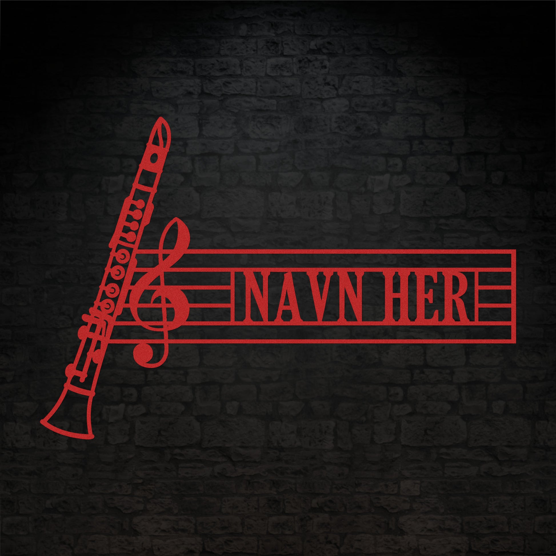 Klarinet navne vægskilt i rød med personlig tekst. Unik gaveidé til muikeren