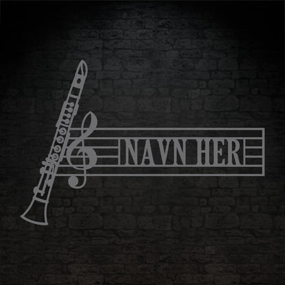 Klarinet navne vægskilt i sølv med personlig tekst. Unik gaveidé til muikeren