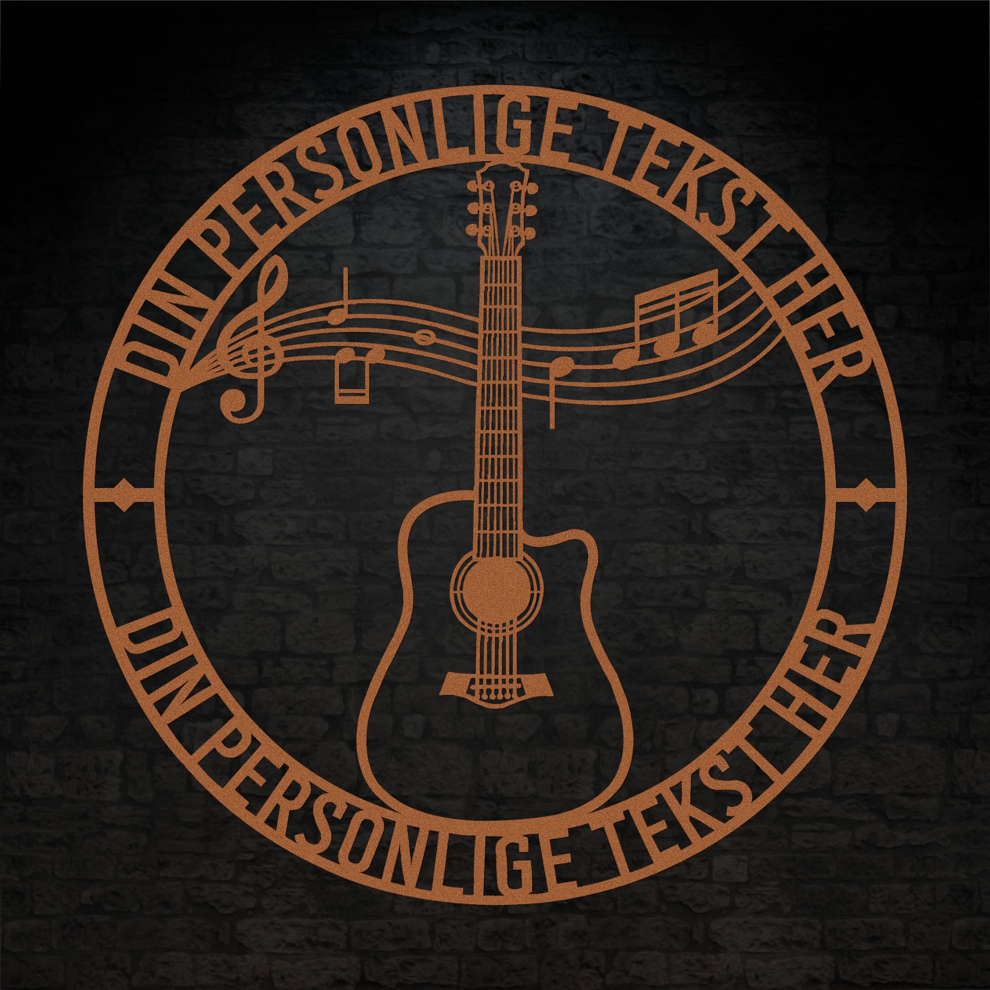 Kobberfarvet guitar metalskilt med personlig tekst. musiker navneskilt gaveidé
