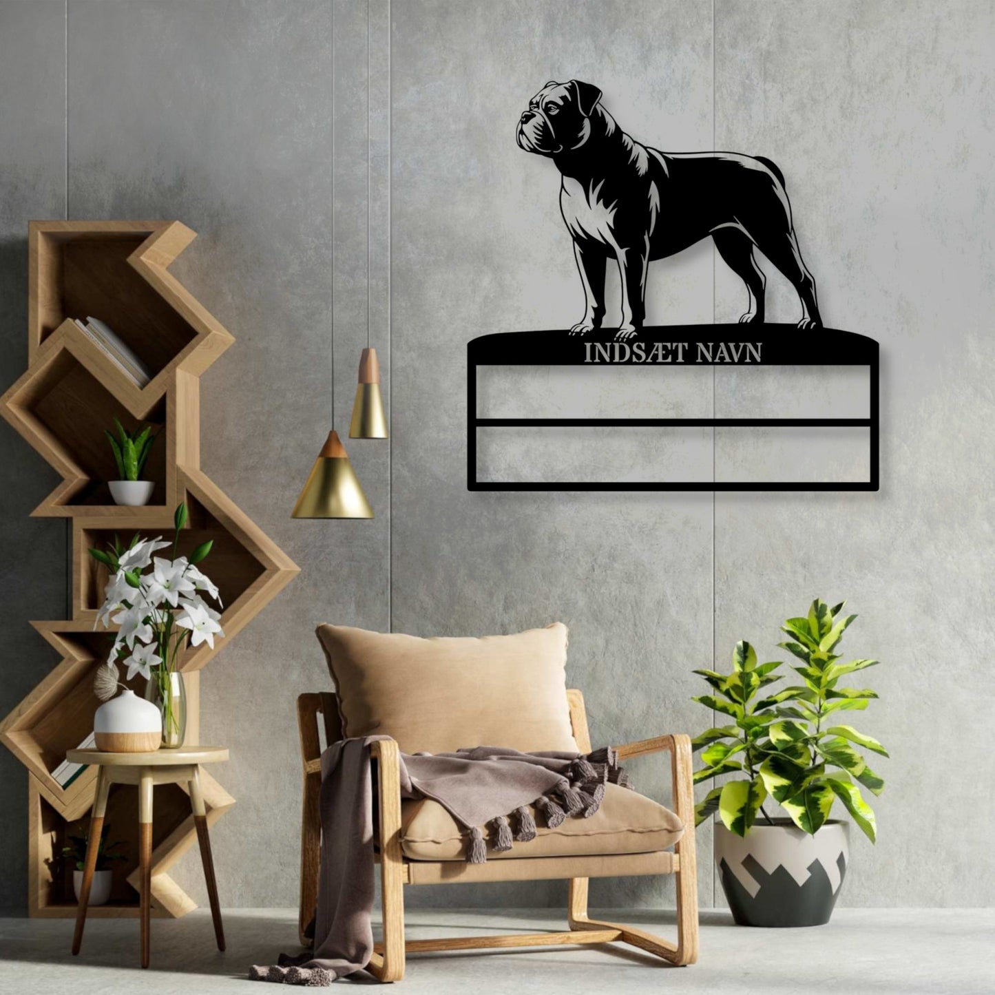 Laserskåret Amerikansk Bulldog væg metalskilt med personlig tekst til rosetter. Unik Gaveide til hundeejer....