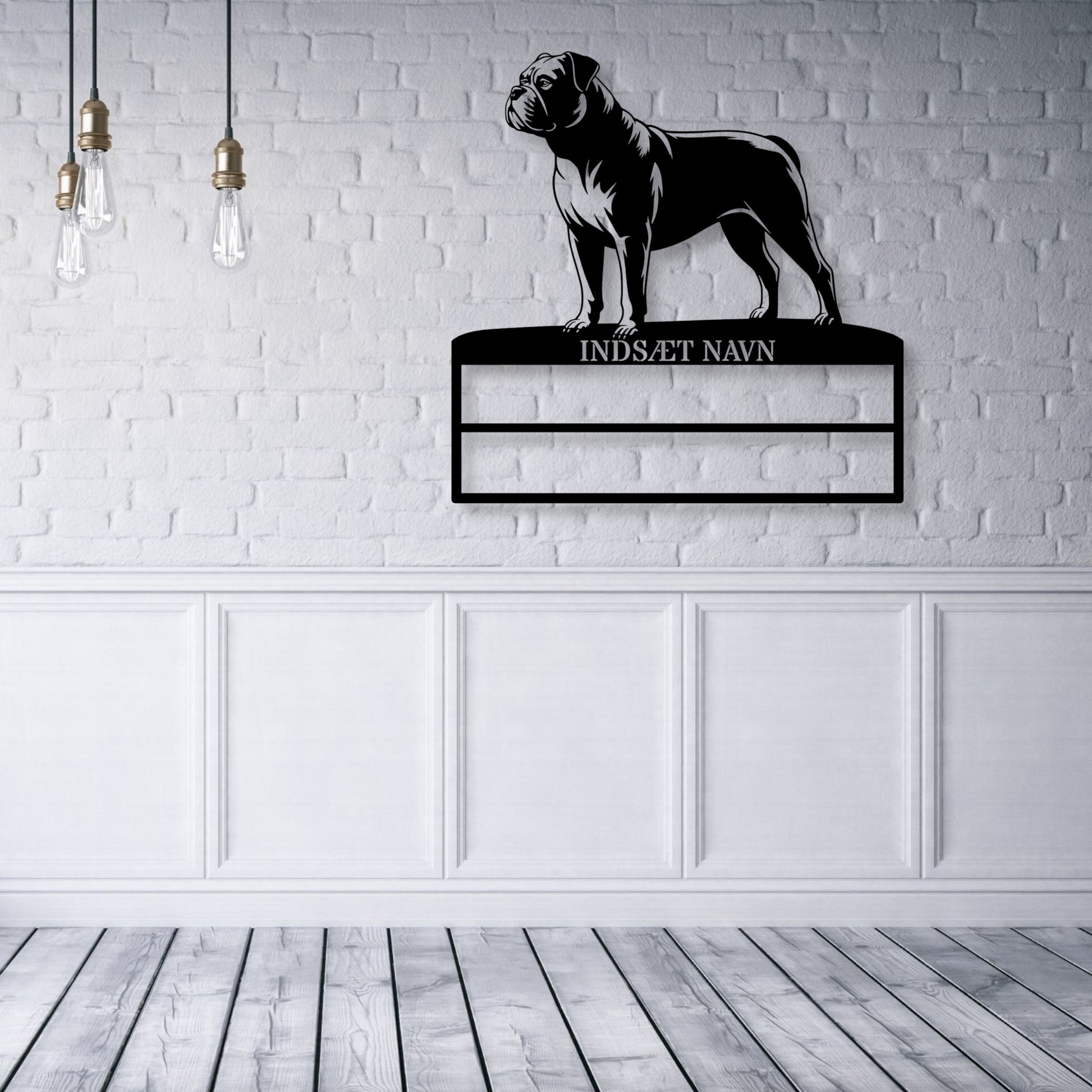 Laserskåret Amerikansk Bulldog væg metalskilt med personlig tekst til rosetter. Unik Gaveide til hundeejer...