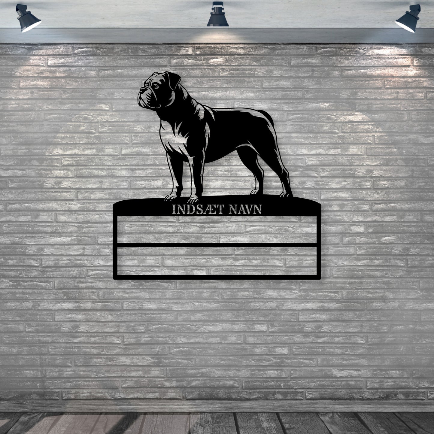Laserskåret Amerikansk Bulldog væg metalskilt med personlig tekst til rosetter. Unik Gaveide til hundeejer..