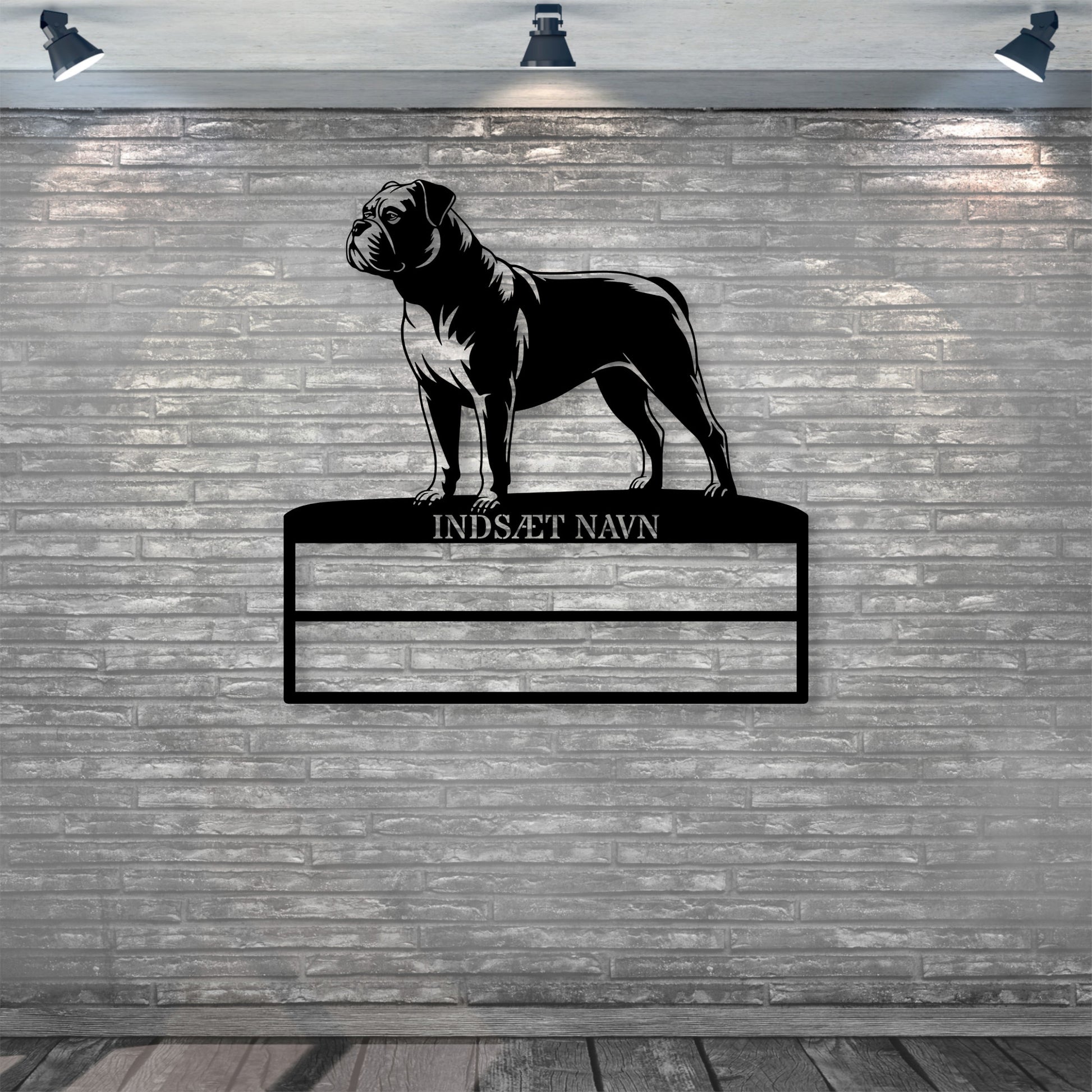 Laserskåret Amerikansk Bulldog væg metalskilt med personlig tekst til rosetter. Unik Gaveide til hundeejer..