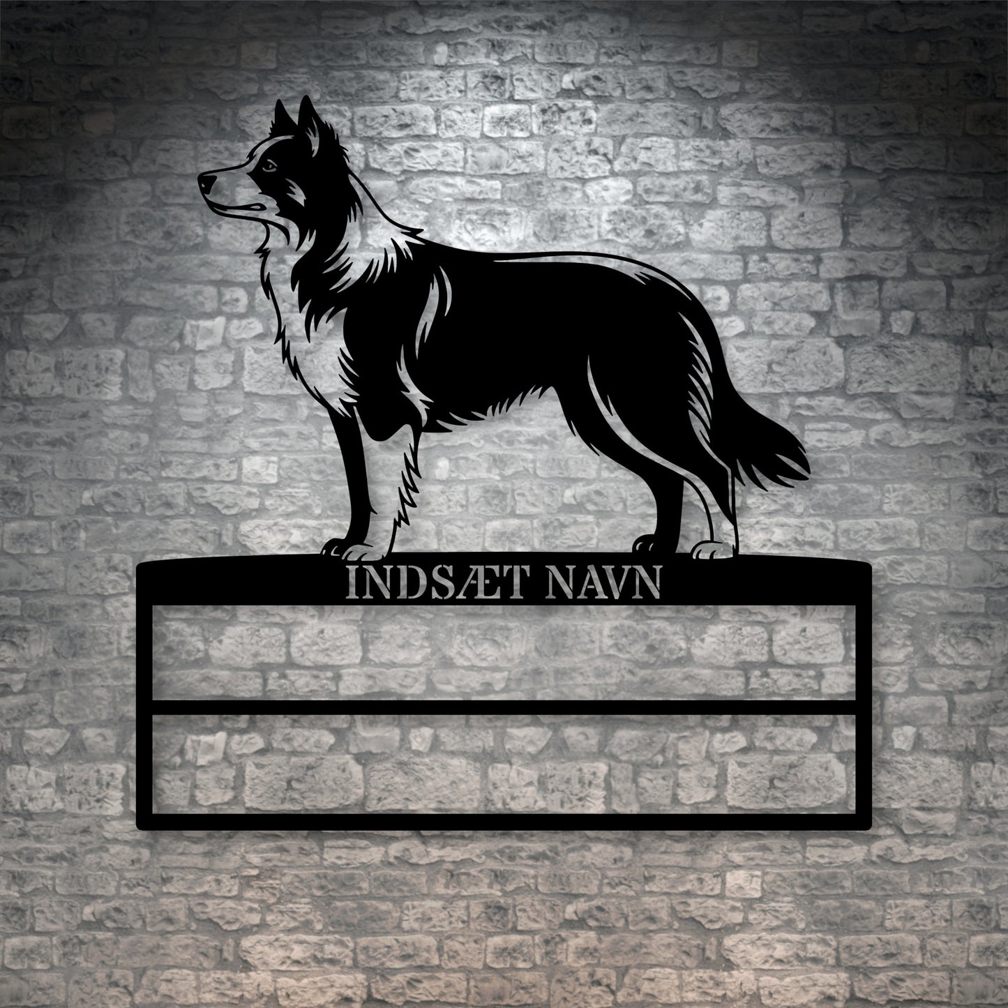 Laserskåret Border Collie væg metalskilt med personlig tekst til rosetter. Unik Gaveide til hundeejer.
